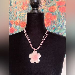 Pink and White Cut Flower Shell and Seed Bead Boho Necklace
